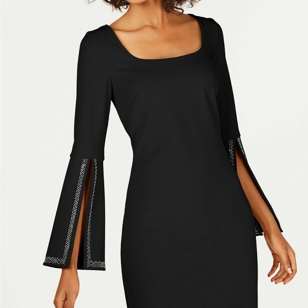 Calvin Klein Cocktail Dress Black Crepe with Rhinestone Split Sleeves Size 2